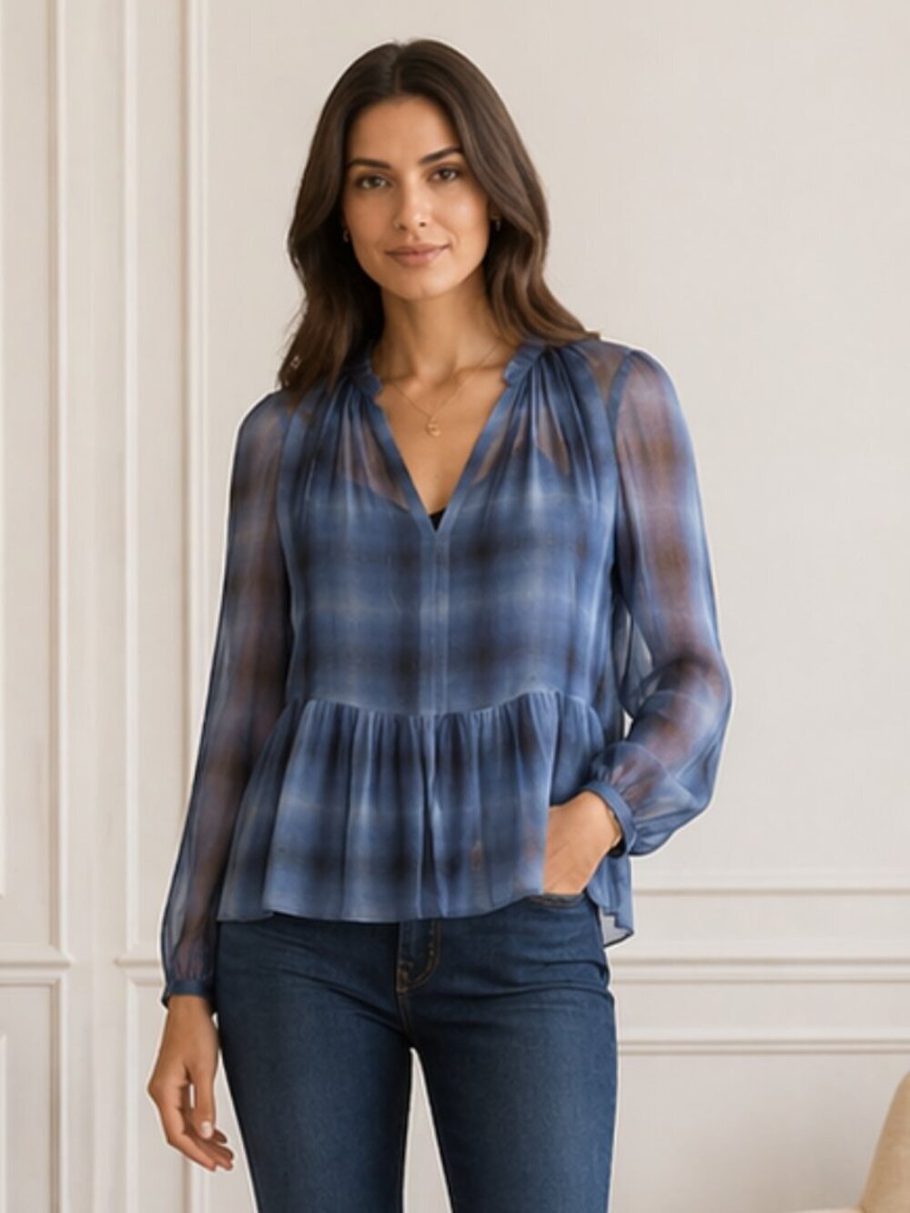Rebecca Taylor Silk Plaid Blouse V Neck Sheer Long Sleeve 4